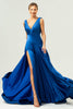 Laden Sie das Bild in den Galerie-Viewer, Tinte Blau Satin V-Ausschnitt Langes Brautjungfernkleid mit Schlitz