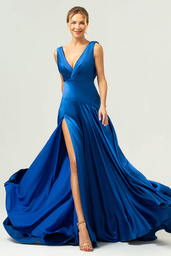Tinte Blau Satin V-Ausschnitt Langes Brautjungfernkleid mit Schlitz