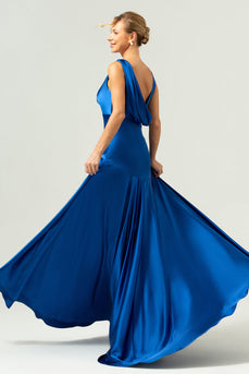 Tinte Blau Satin V-Ausschnitt Langes Brautjungfernkleid mit Schlitz