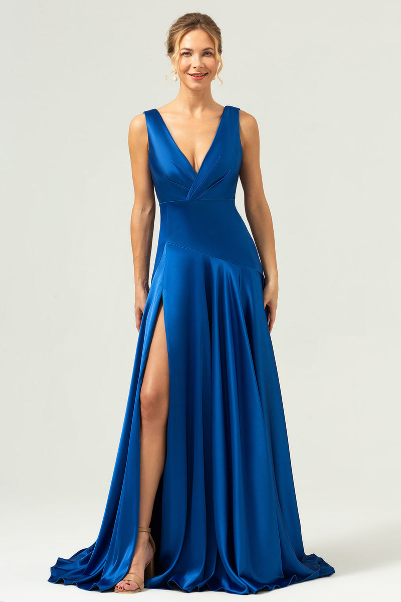 Laden Sie das Bild in den Galerie-Viewer, Tinte Blau Satin V-Ausschnitt Langes Brautjungfernkleid mit Schlitz