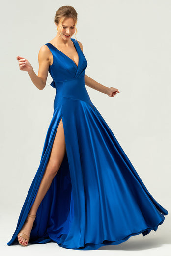 Tinte Blau Satin V-Ausschnitt Langes Brautjungfernkleid mit Schlitz