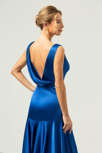 Tinte Blau Satin V-Ausschnitt Langes Brautjungfernkleid mit Schlitz