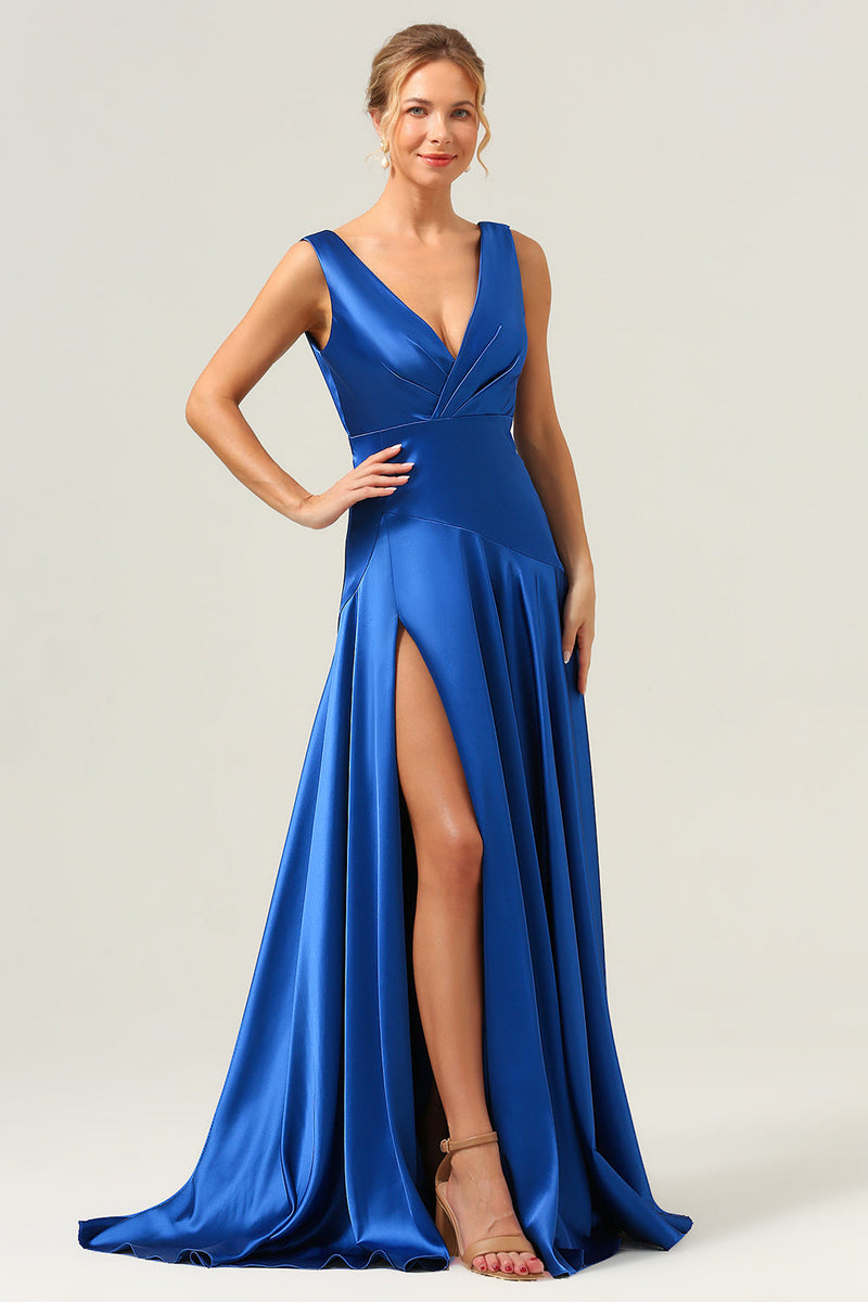 Laden Sie das Bild in den Galerie-Viewer, Tinte Blau Satin V-Ausschnitt Langes Brautjungfernkleid mit Schlitz