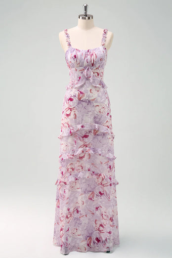 Grau Lila Blumen Chiffon Langes Brautjungfernkleid mit Rüschen