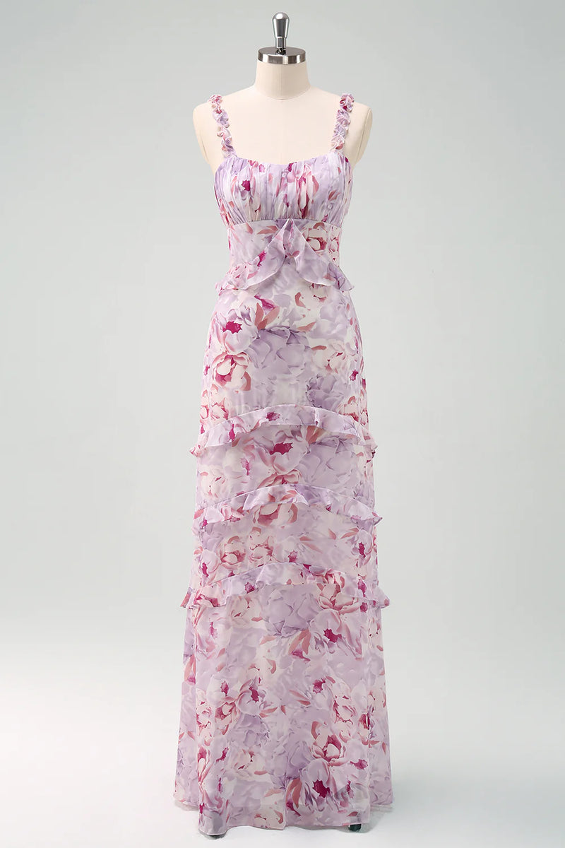Laden Sie das Bild in den Galerie-Viewer, Grau Lila Blumen Chiffon Langes Brautjungfernkleid mit Rüschen
