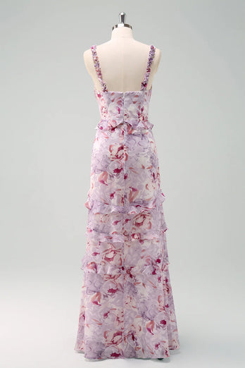 Grau Lila Blumen Chiffon Langes Brautjungfernkleid mit Rüschen