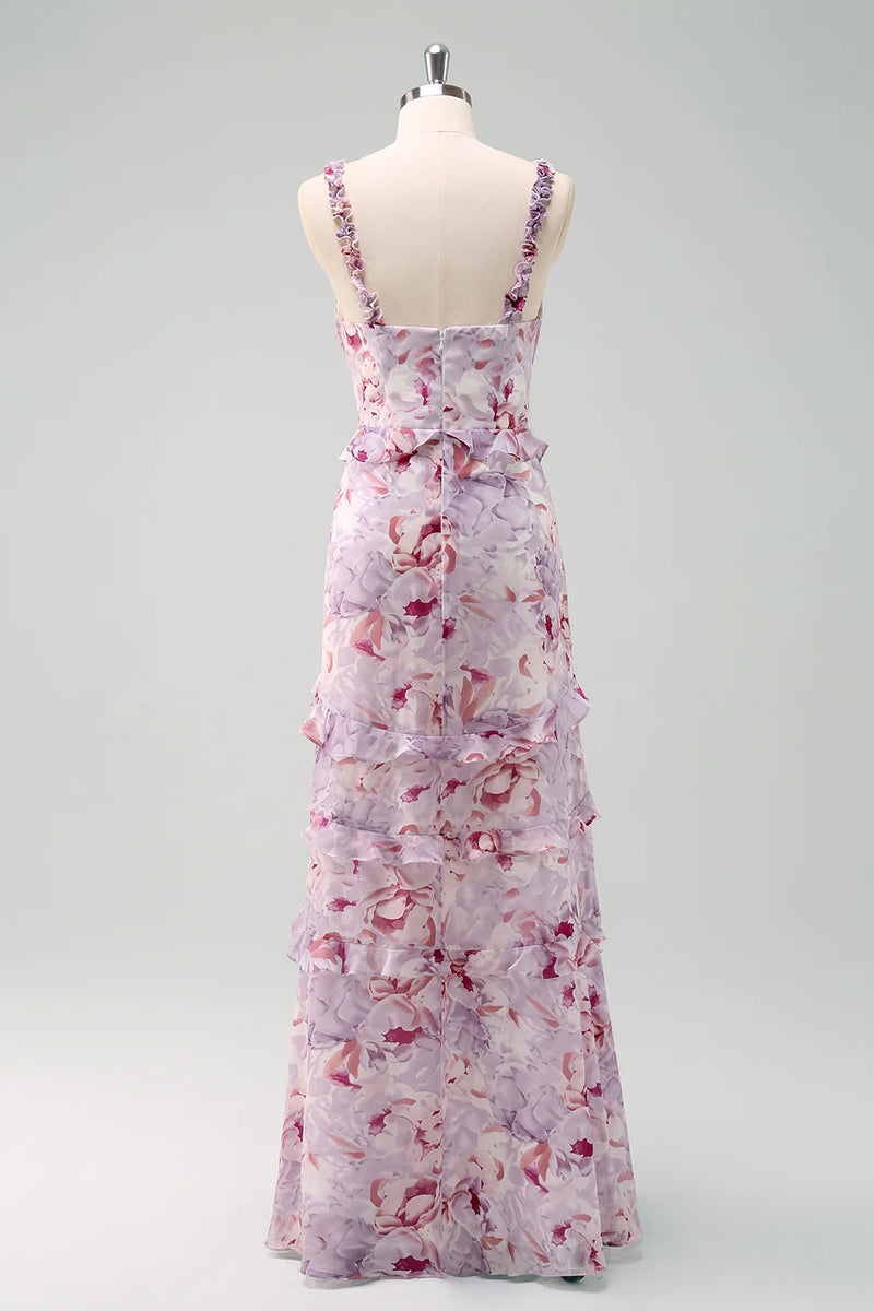 Laden Sie das Bild in den Galerie-Viewer, Grau Lila Blumen Chiffon Langes Brautjungfernkleid mit Rüschen