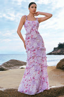 Laden Sie das Bild in den Galerie-Viewer, Grau Lila Blumen Chiffon Langes Brautjungfernkleid mit Rüschen