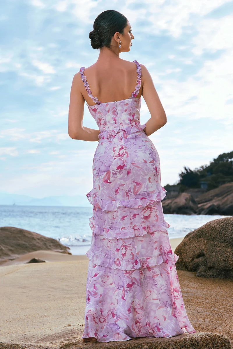 Laden Sie das Bild in den Galerie-Viewer, Grau Lila Blumen Chiffon Langes Brautjungfernkleid mit Rüschen