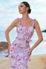 Laden Sie das Bild in den Galerie-Viewer, Grau Lila Blumen Chiffon Langes Brautjungfernkleid mit Rüschen