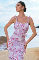 Laden Sie das Bild in den Galerie-Viewer, Grau Lila Blumen Chiffon Langes Brautjungfernkleid mit Rüschen