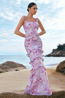 Laden Sie das Bild in den Galerie-Viewer, Grau Lila Blumen Chiffon Langes Brautjungfernkleid mit Rüschen