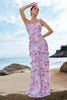 Laden Sie das Bild in den Galerie-Viewer, Grau Lila Blumen Chiffon Langes Brautjungfernkleid mit Rüschen