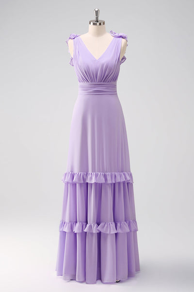 Fliederfarbenes Brautjungfernkleid aus Chiffon in A-Linie mit Rüschen