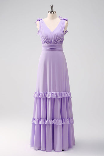 Fliederfarbenes Brautjungfernkleid aus Chiffon in A-Linie mit Rüschen