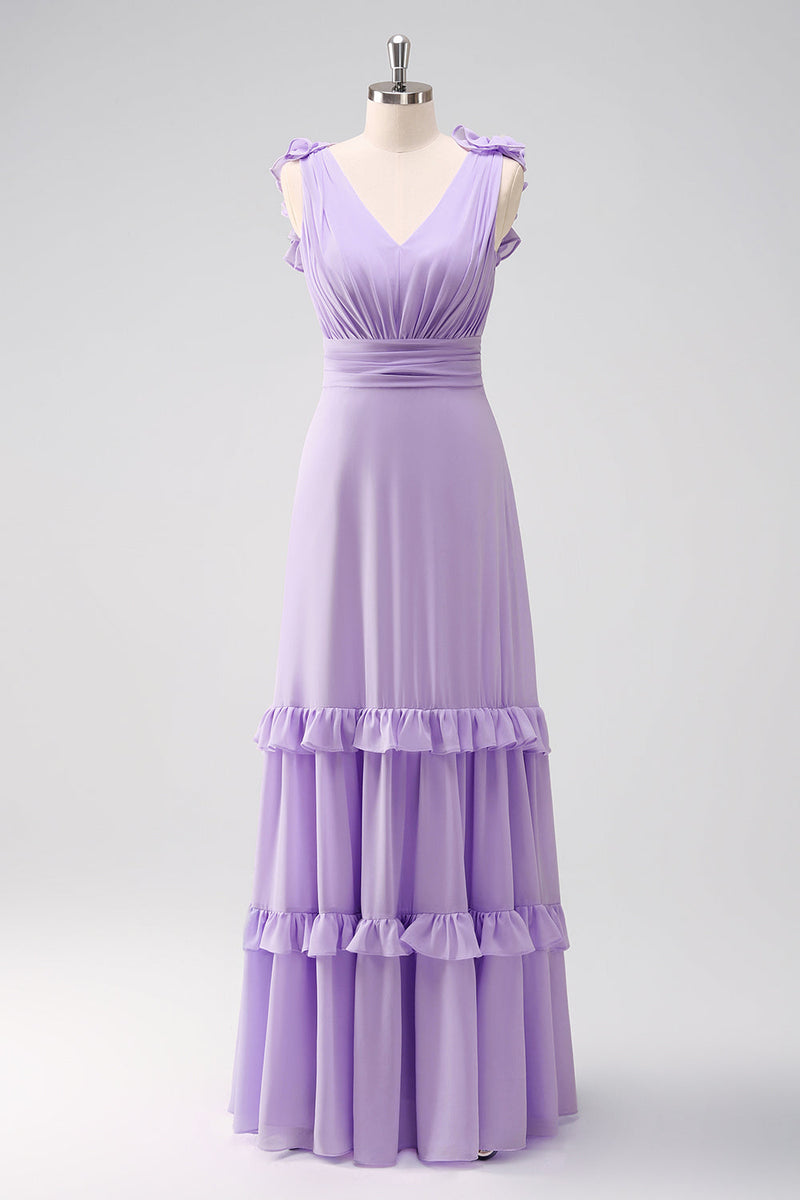 Laden Sie das Bild in den Galerie-Viewer, Fliederfarbenes Brautjungfernkleid aus Chiffon in A-Linie mit Rüschen