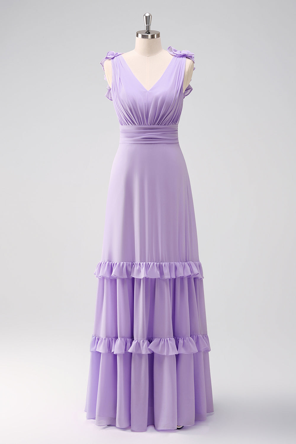 Fliederfarbenes Brautjungfernkleid aus Chiffon in A-Linie mit Rüschen