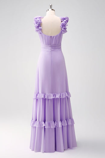 Fliederfarbenes Brautjungfernkleid aus Chiffon in A-Linie mit Rüschen
