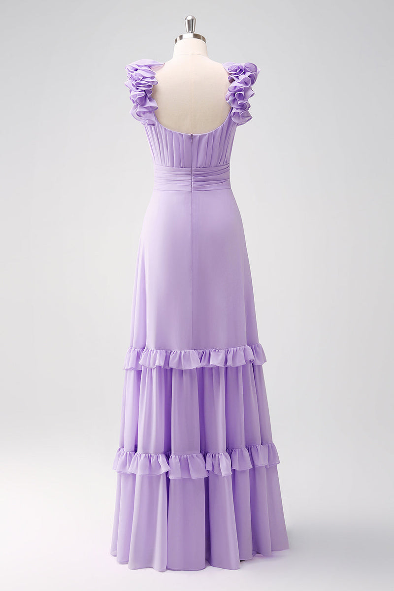 Laden Sie das Bild in den Galerie-Viewer, Fliederfarbenes Brautjungfernkleid aus Chiffon in A-Linie mit Rüschen