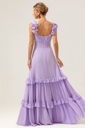 Lila Chiffon A-Linie Gerafftes Langes Brautjungfernkleid mit Rüschen