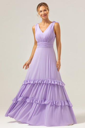 Lila Chiffon A-Linie Gerafftes Langes Brautjungfernkleid mit Rüschen