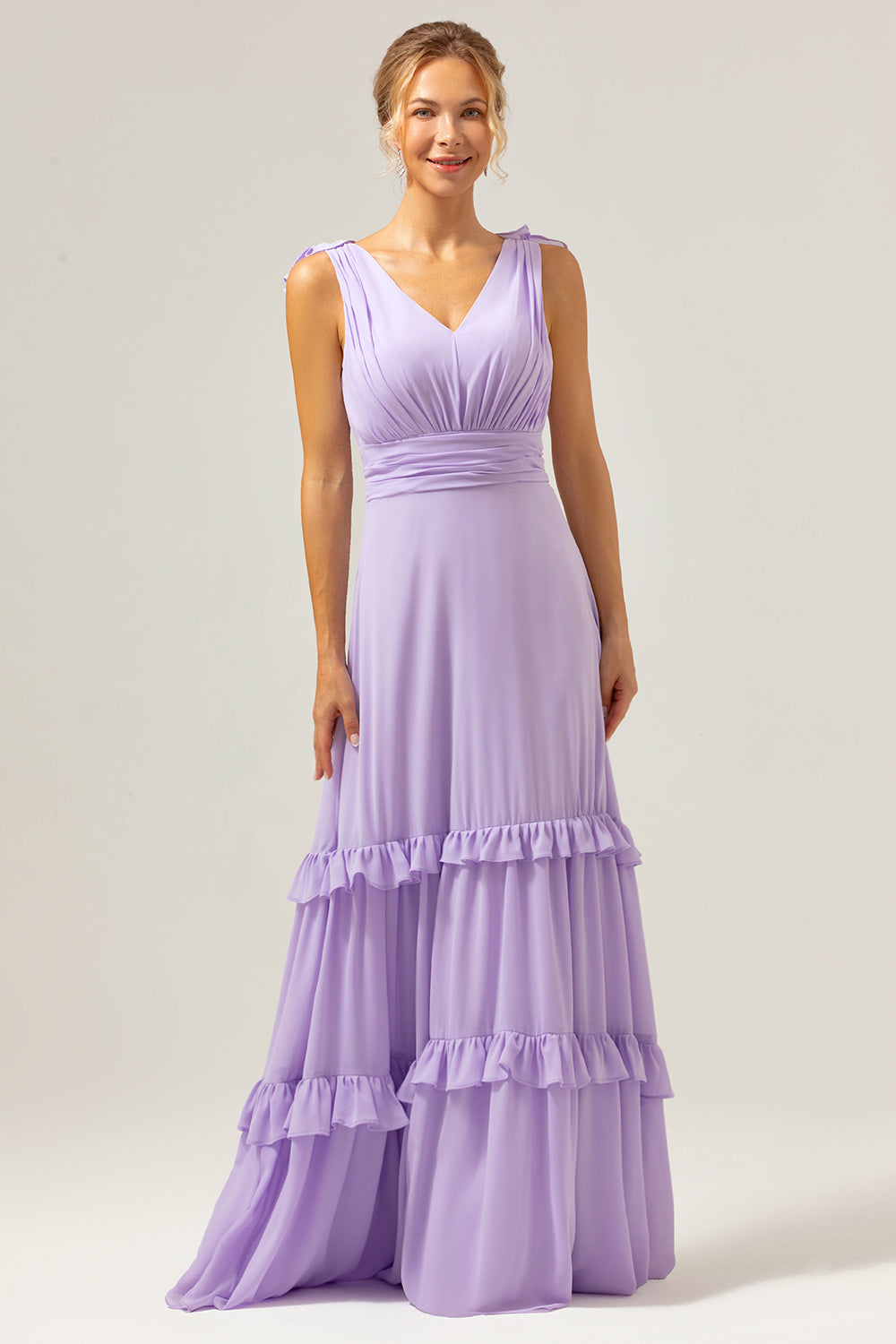 Lila Chiffon A-Linie Gerafftes Langes Brautjungfernkleid mit Rüschen
