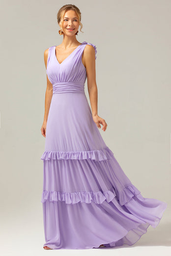 Lila Chiffon A-Linie Gerafftes Langes Brautjungfernkleid mit Rüschen