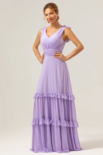 Lila Chiffon A-Linie Gerafftes Langes Brautjungfernkleid mit Rüschen
