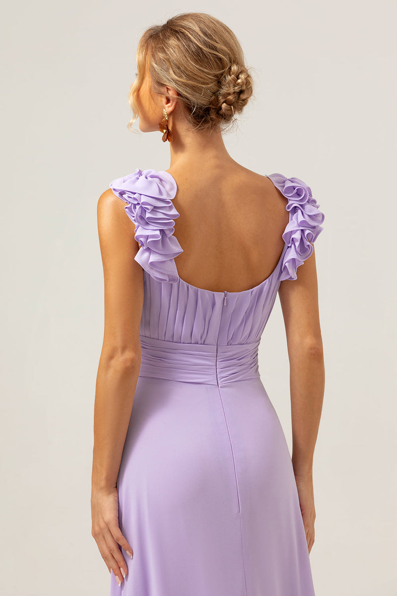 Laden Sie das Bild in den Galerie-Viewer, Lila Chiffon A-Linie Gerafftes Langes Brautjungfernkleid mit Rüschen