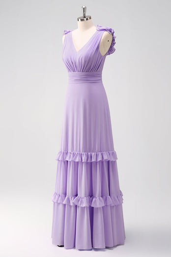 Fliederfarbenes Brautjungfernkleid aus Chiffon in A-Linie mit Rüschen