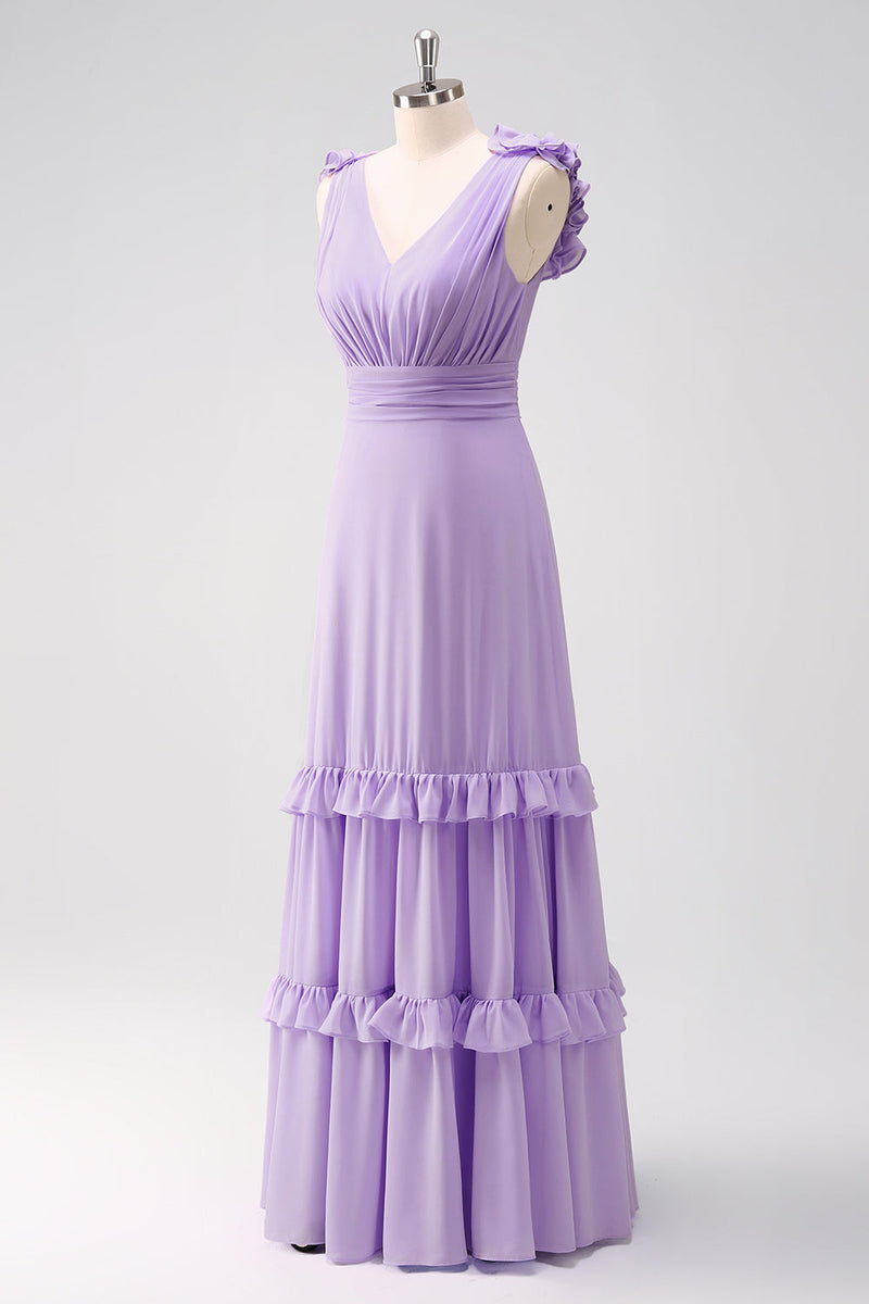 Laden Sie das Bild in den Galerie-Viewer, Fliederfarbenes Brautjungfernkleid aus Chiffon in A-Linie mit Rüschen