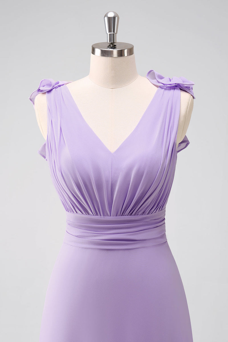 Laden Sie das Bild in den Galerie-Viewer, Fliederfarbenes Brautjungfernkleid aus Chiffon in A-Linie mit Rüschen