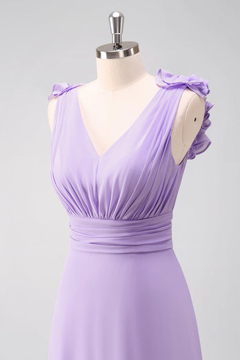 Fliederfarbenes Brautjungfernkleid aus Chiffon in A-Linie mit Rüschen