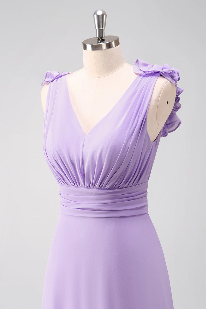 Laden Sie das Bild in den Galerie-Viewer, Fliederfarbenes Brautjungfernkleid aus Chiffon in A-Linie mit Rüschen