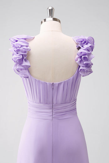 Fliederfarbenes Brautjungfernkleid aus Chiffon in A-Linie mit Rüschen