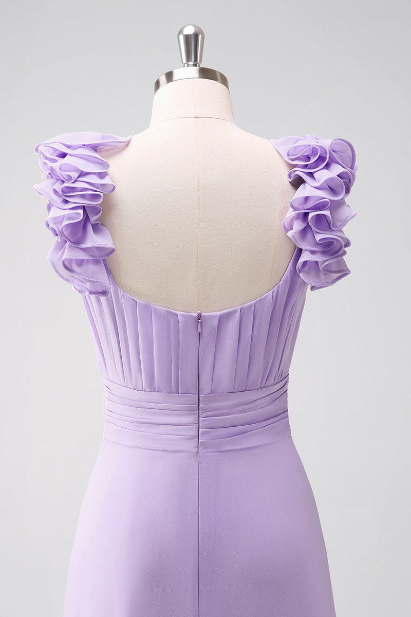Laden Sie das Bild in den Galerie-Viewer, Fliederfarbenes Brautjungfernkleid aus Chiffon in A-Linie mit Rüschen