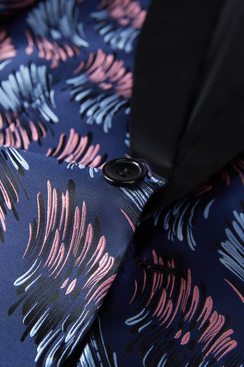 Dunkelblauer Ein-Knopf Jacquard 2-Teiliger Schal Revers Herrenanzug