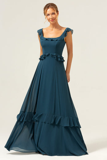Dunkles Pfauengrünes A-Linie Chiffon Langes Brautjungfernkleid