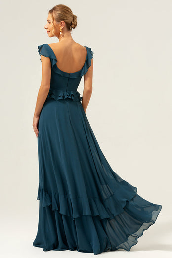Dunkles Pfauengrünes A-Linie Chiffon Langes Brautjungfernkleid