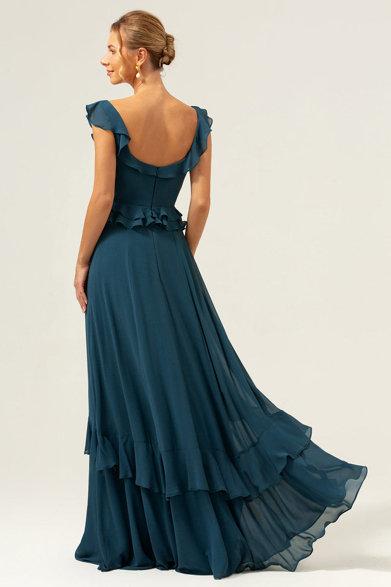 Laden Sie das Bild in den Galerie-Viewer, Dunkles Pfauengrünes A-Linie Chiffon Langes Brautjungfernkleid