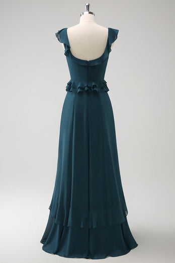 Dunkles Pfauengrünes A-Linie Chiffon Langes Brautjungfernkleid