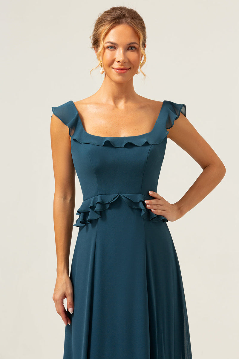 Laden Sie das Bild in den Galerie-Viewer, Dunkles Pfauengrünes A-Linie Chiffon Langes Brautjungfernkleid