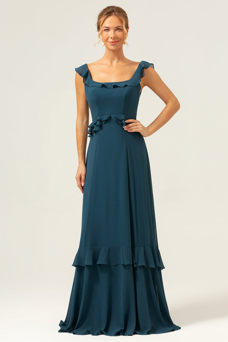 Laden Sie das Bild in den Galerie-Viewer, Dunkles Pfauengrünes A-Linie Chiffon Langes Brautjungfernkleid