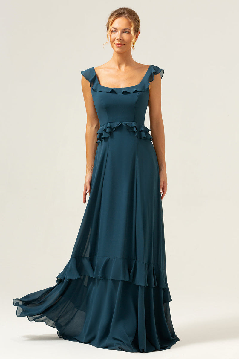 Laden Sie das Bild in den Galerie-Viewer, Dunkles Pfauengrünes A-Linie Chiffon Langes Brautjungfernkleid