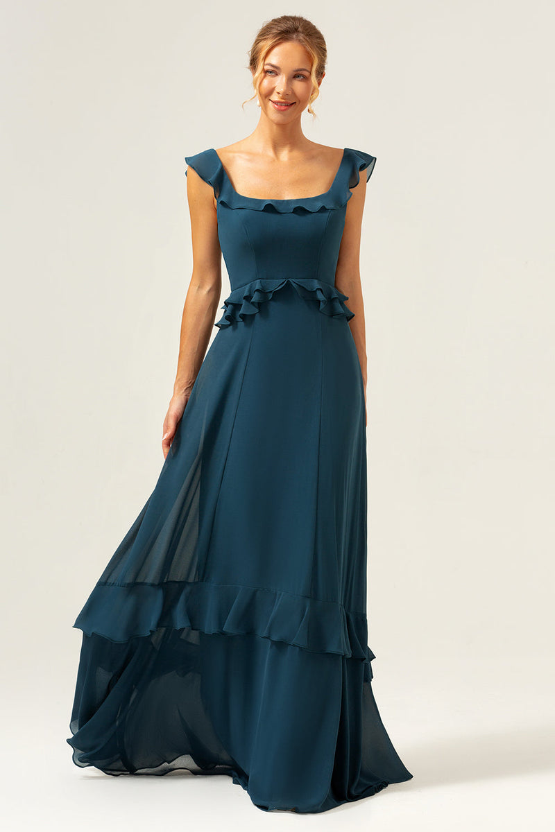 Laden Sie das Bild in den Galerie-Viewer, Dunkles Pfauengrünes A-Linie Chiffon Langes Brautjungfernkleid