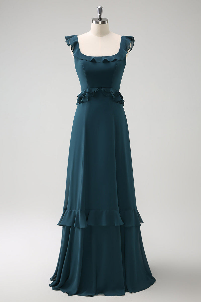 Laden Sie das Bild in den Galerie-Viewer, Dunkles Pfauengrünes A-Linie Chiffon Langes Brautjungfernkleid