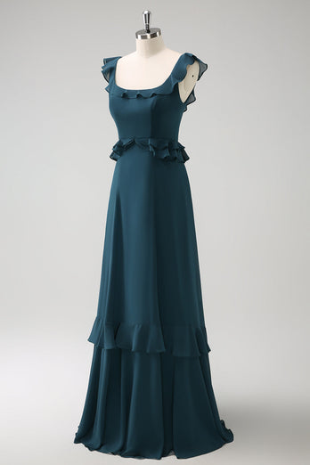 Dunkles Pfauengrünes Chiffon Lange Brautjungfernkleid mit Rundhalsausschnitt