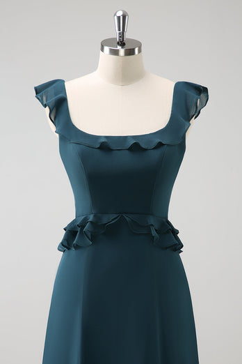 Dunkles Pfauengrünes Chiffon Lange Brautjungfernkleid mit Rundhalsausschnitt