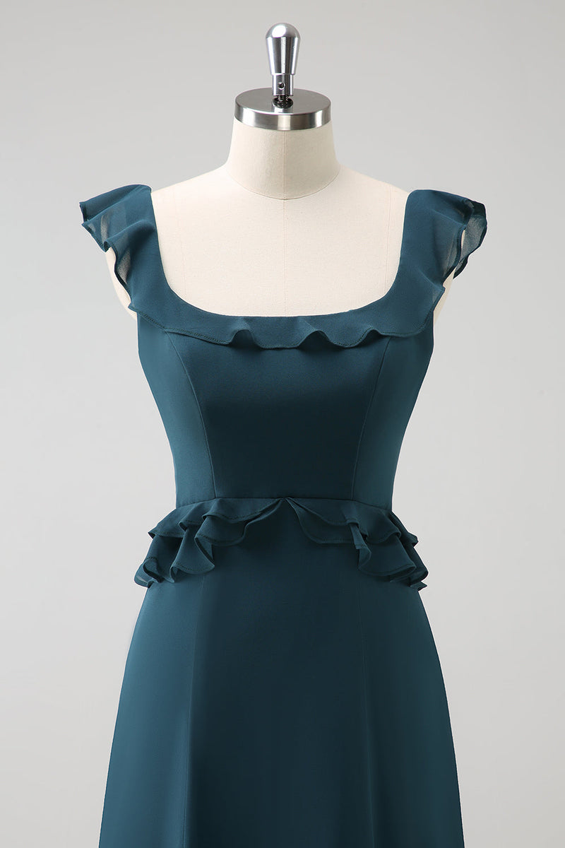Laden Sie das Bild in den Galerie-Viewer, Dunkles Pfauengrünes Chiffon Lange Brautjungfernkleid mit Rundhalsausschnitt