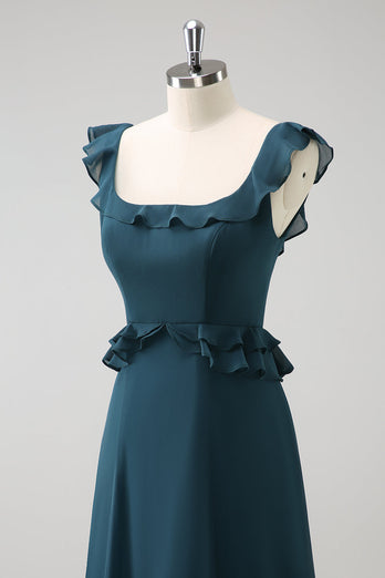 Dunkles Pfauengrünes Chiffon Lange Brautjungfernkleid mit Rundhalsausschnitt